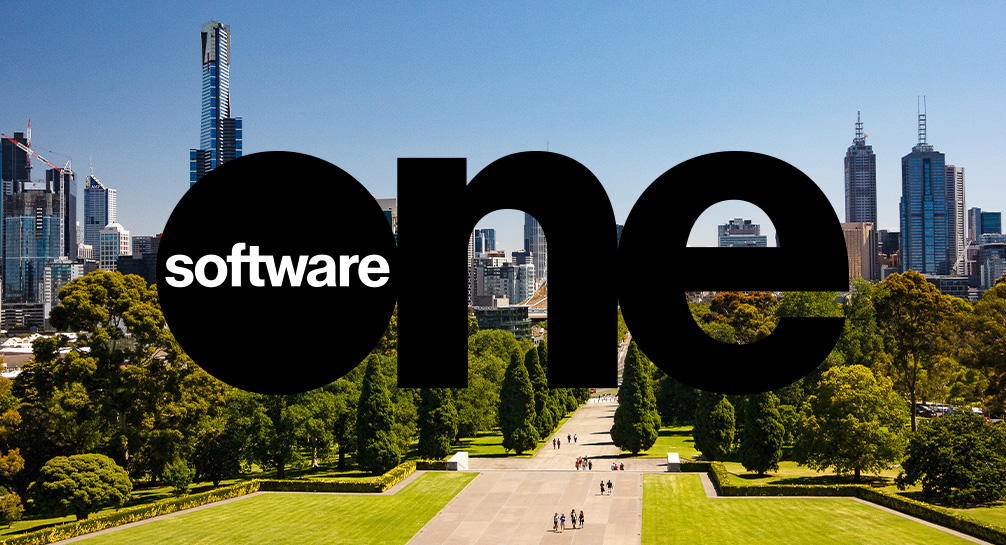 One software logo with a city in the background.