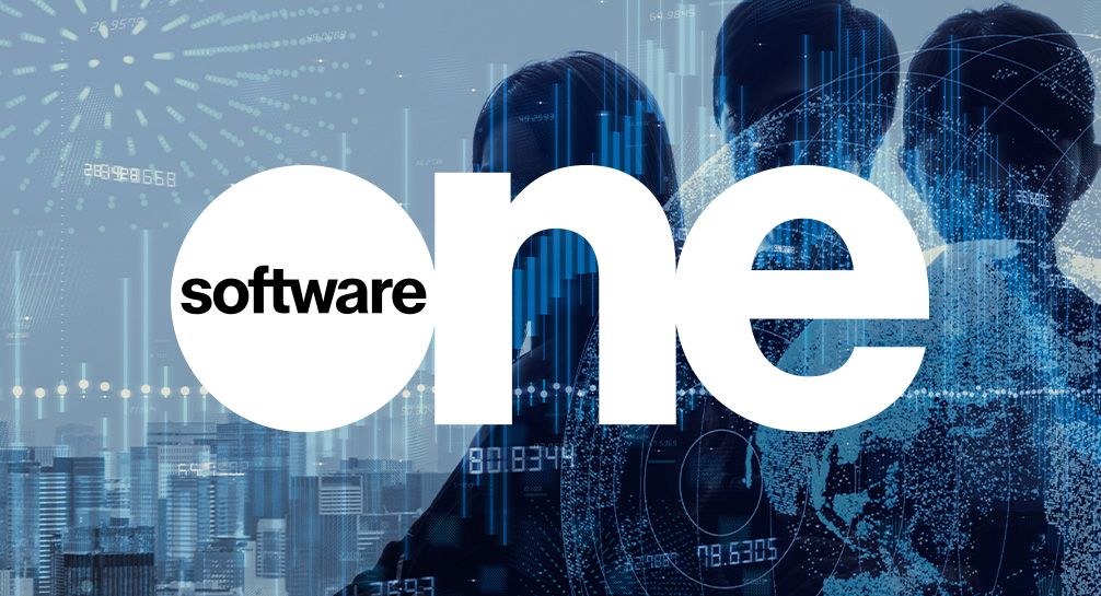The software one logo with people in front of it.