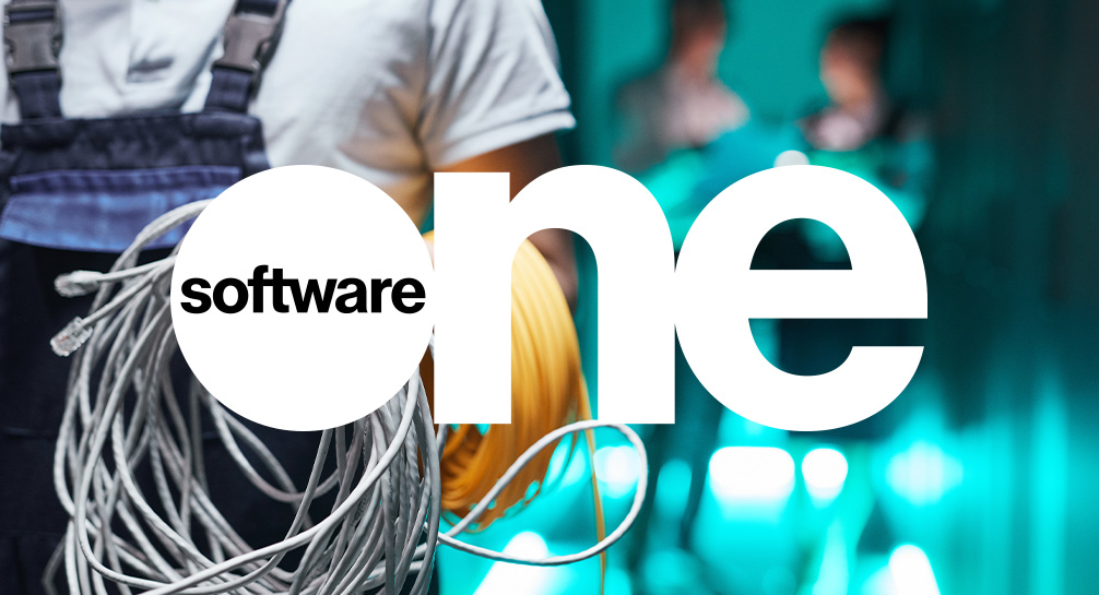 The software one logo with a man holding a wire.