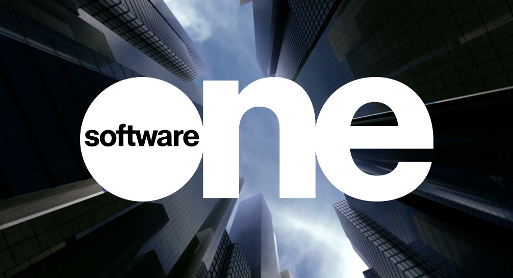 Software one logo in the middle of a skyscraper.
