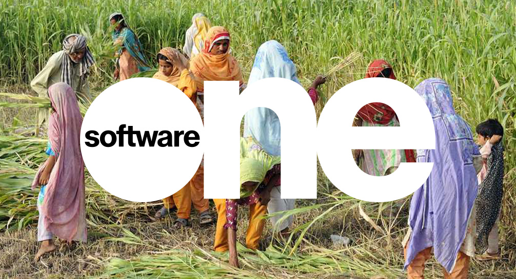 A group of women in a field with the word software on it.