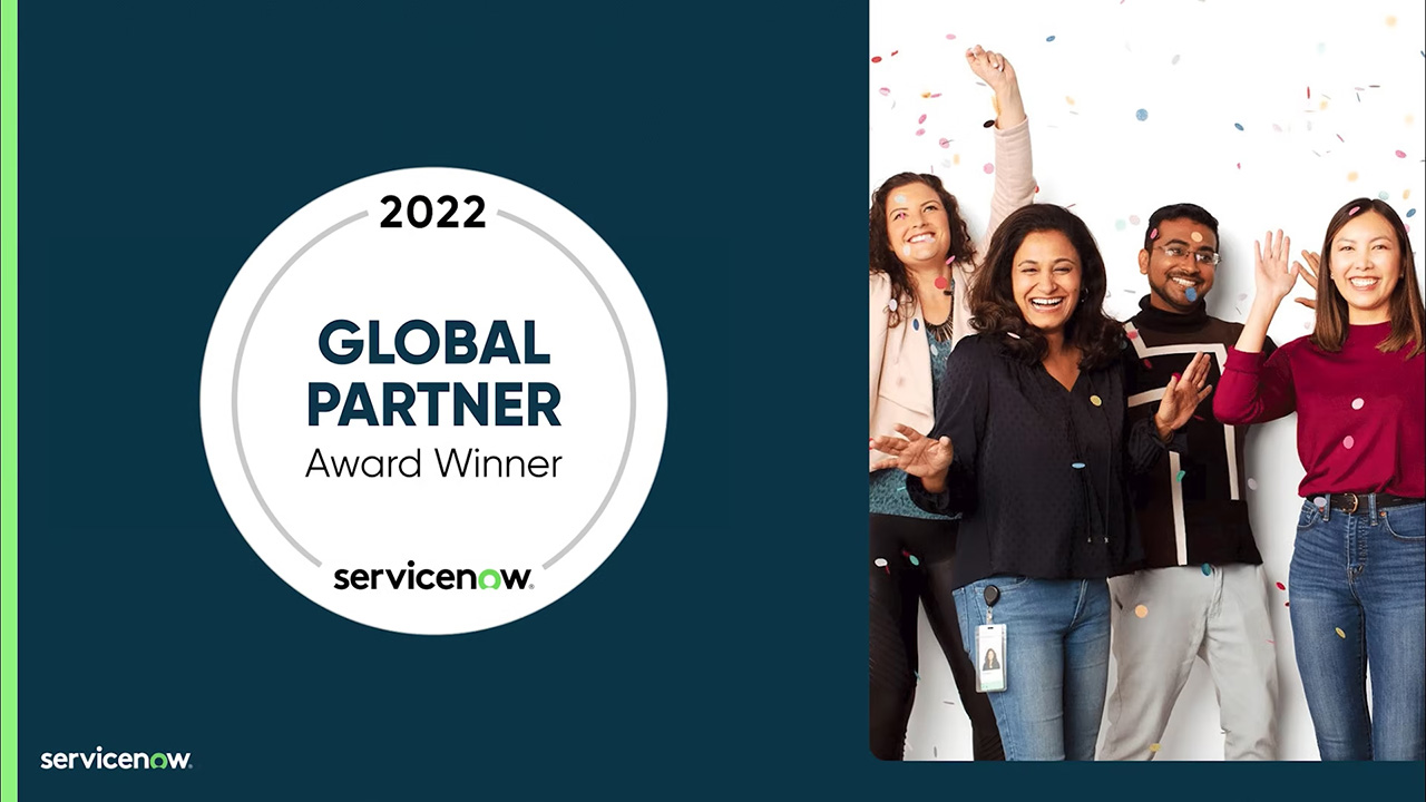 A group of people standing in front of a banner that says global partner award winner.