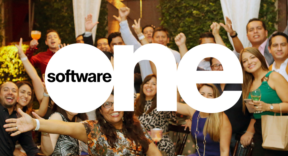 A group of people at a party with the word software one.