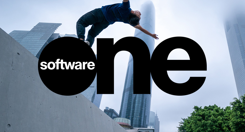 A skateboarder doing tricks on a ledge with the word software in the background.